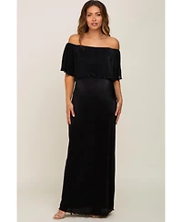 Pinkblush Maternity Burgundy Pleated Ruffle Off Shoulder Maxi Dress