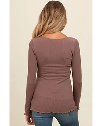 Pinkblush Maternity Brown Ribbed Knit Long Sleeve Lettuce Hem Top