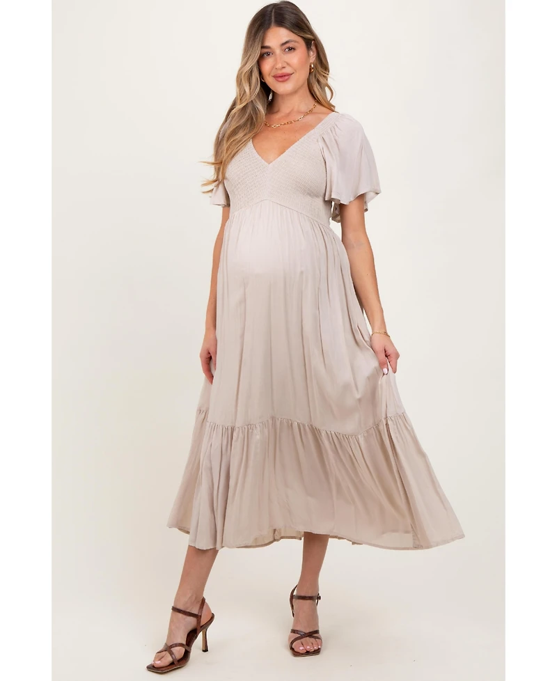 Pinkblush Cream Smocked Flutter Sleeve Midi Dress