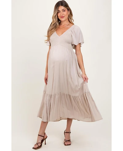 Pinkblush Cream Smocked Flutter Sleeve Midi Dress