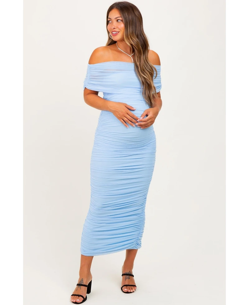 Pinkblush Maternity Light Pink Ruched Mesh Foldover Off Shoulder Maxi Dress