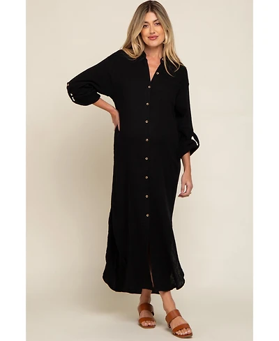 Pinkblush Black Button Down 3/4 Sleeve Maternity Midi Dress