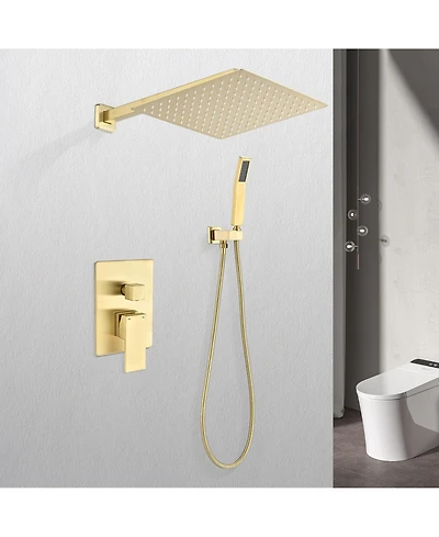 Rainsken 12" Rain Brushed Gold Shower Head Systems Wall Mounted Shower Full Body Coverage Square Shower Head