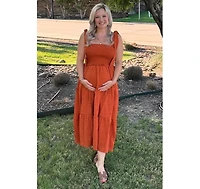 Pinkblush Maternity Beige Bow Strap Tiered Midi Dress