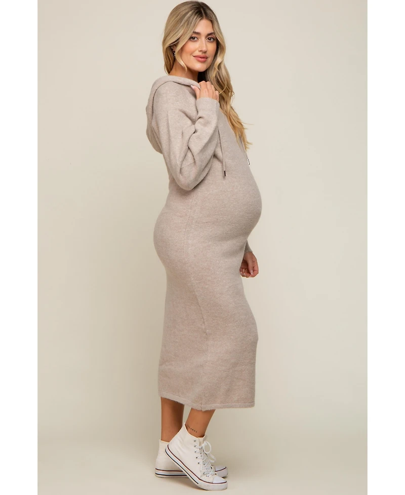 Pinkblush Maternity Beige Hooded Sweater Midi Dress