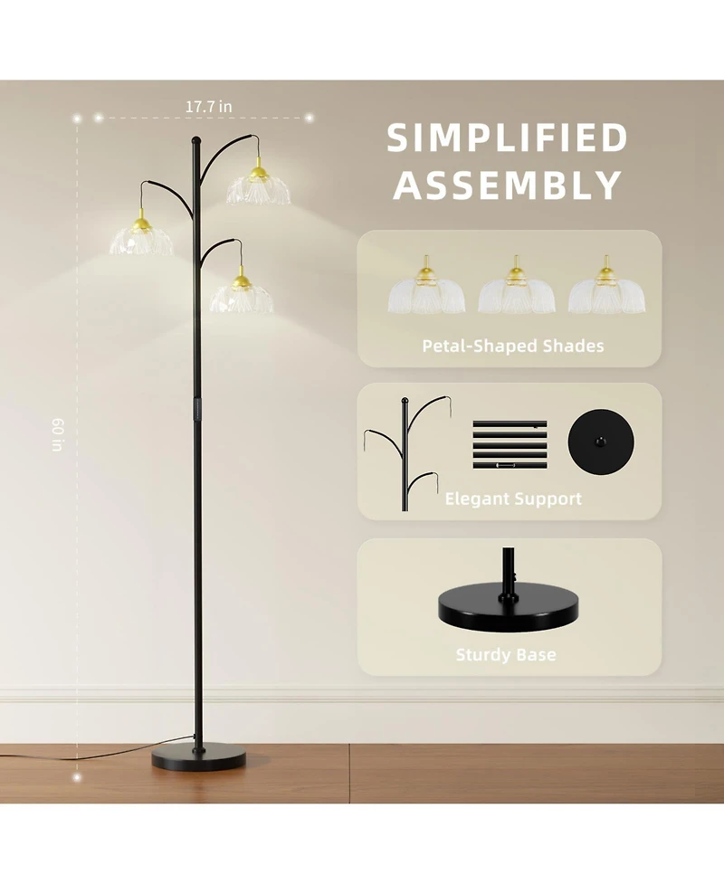 Modern Standing Floor Lamp with Led Bulbs, 3 Adjustable Heads and Petal Glass Shades