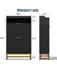 Narrow Shoe Cabinet Storage for Entryway, Modern Fluted Shoe Rack Organizer with 2 Flip Drawers and an Open Shelf for Hallway, Living Room, Black
