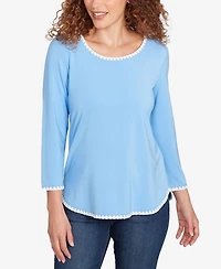 Ruby Rd. Petite Contrast Embroidered Solid Knit Top