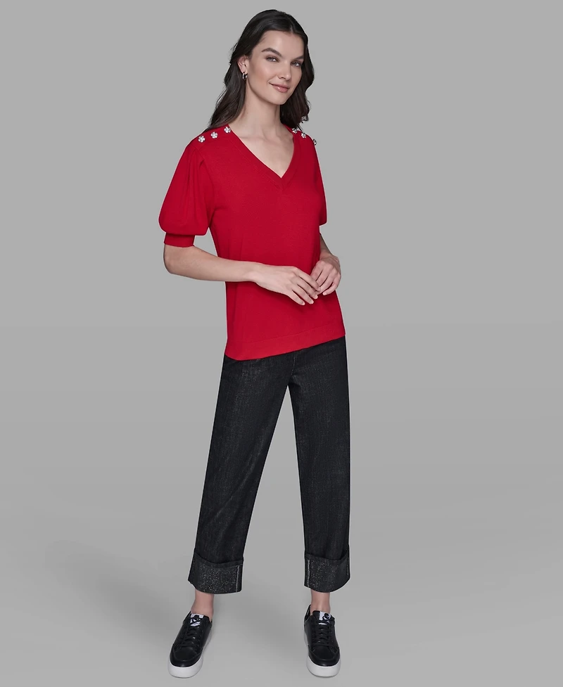 Karl Lagerfeld Paris Women's V-Neck Button Detail Sweater