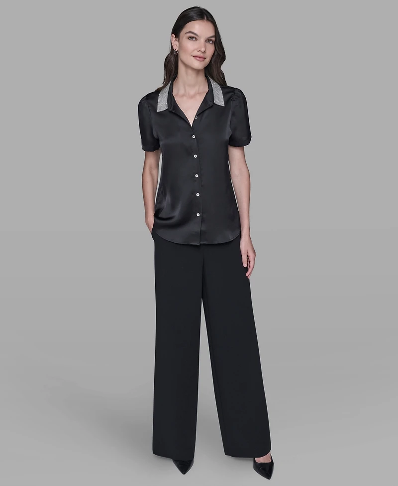 Karl Lagerfeld Paris Women's Collar Embellished Short Sleeve Top