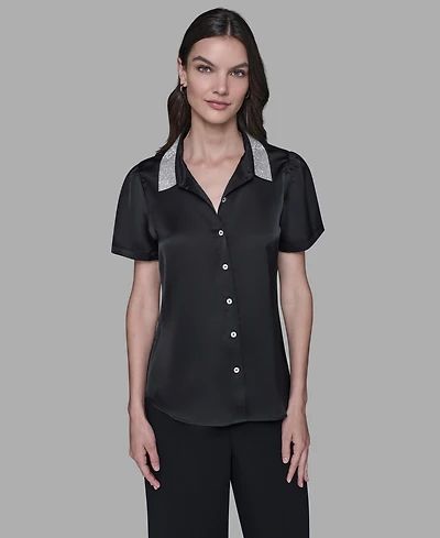 Karl Lagerfeld Paris Women's Collar Embellished Short Sleeve Top