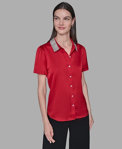 Karl Lagerfeld Paris Women's Collar Embellished Short Sleeve Top
