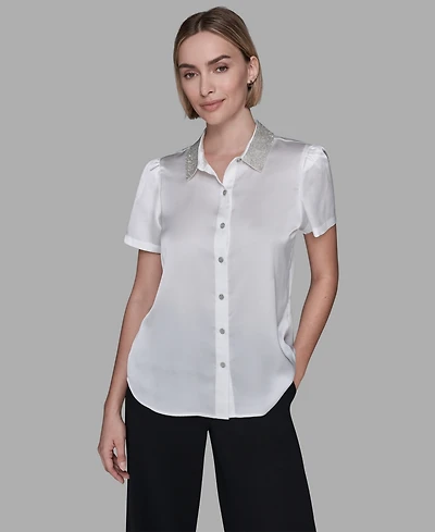 Karl Lagerfeld Paris Women's Collar Embellished Short Sleeve Top