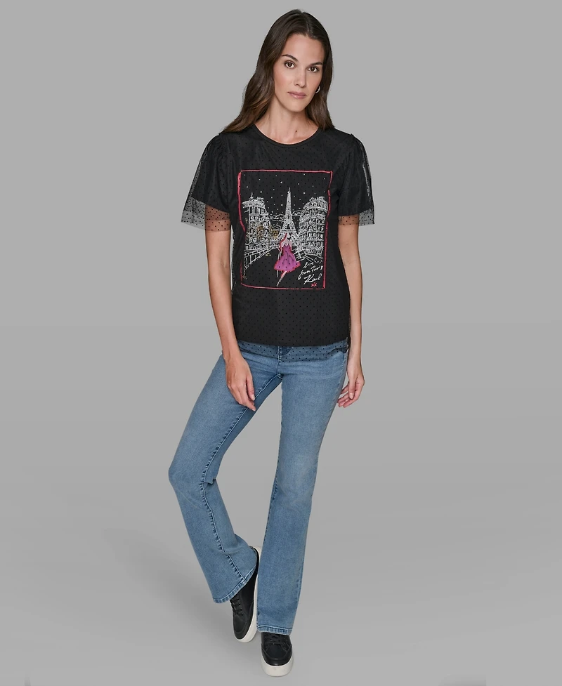 Karl Lagerfeld Paris Women's Crewneck Lace Layer T-Shirt