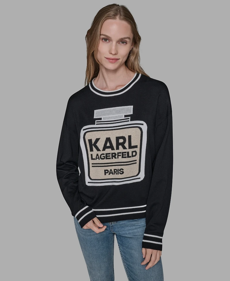 Karl Lagerfeld Paris Women's Crewneck Perfume Bottle Detail Striped Sweater