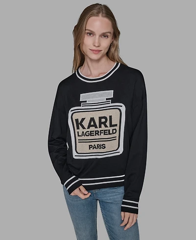 Karl Lagerfeld Paris Women's Crewneck Perfume Bottle Detail Striped Sweater