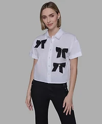 Karl Lagerfeld Paris Women's Collar Bow Applique Detail Top