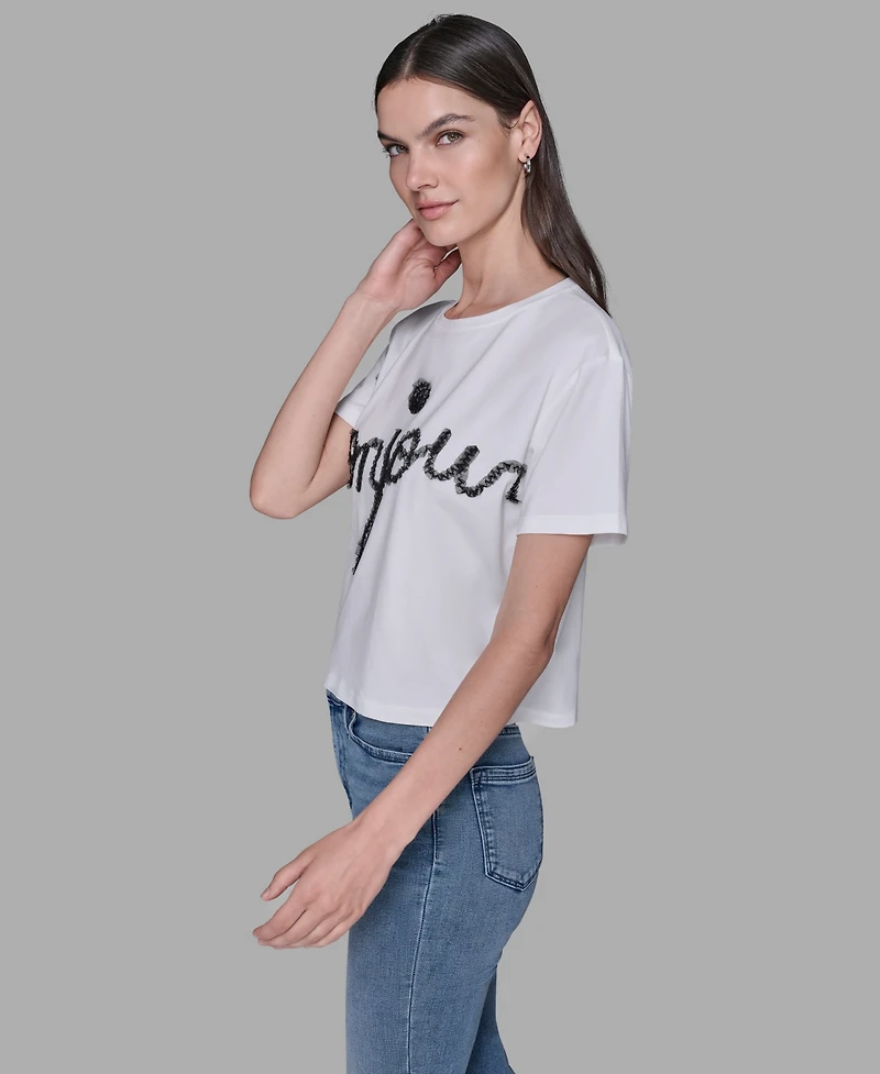 Karl Lagerfeld Paris Women's Crewneck Bonjour Printed T-Shirt