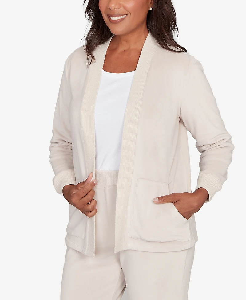 Alfred Dunner Calm Luxe Open Front Rib Trim Cardigan Top