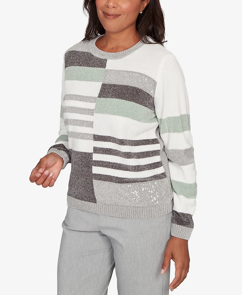 Alfred Dunner Stockbridge Stripe Sequin Colorblock Chenille Sweater