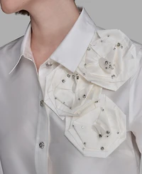 Karl Lagerfeld Paris Women's Collar Rose Applique Detail Top