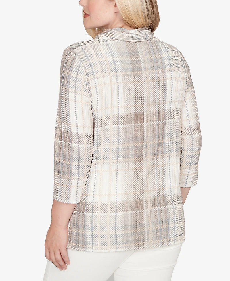 Alfred Dunner Vienna Draped Cowl Neckline Plaid Knit Top