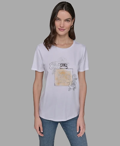 Karl Lagerfeld Paris Women's Crewneck Embellished Perfume Bottle T-Shirt
