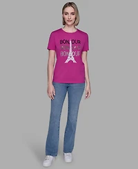 Karl Lagerfeld Paris Women's Crewneck Bonjour Eiffel Tower Embellished T-Shirt