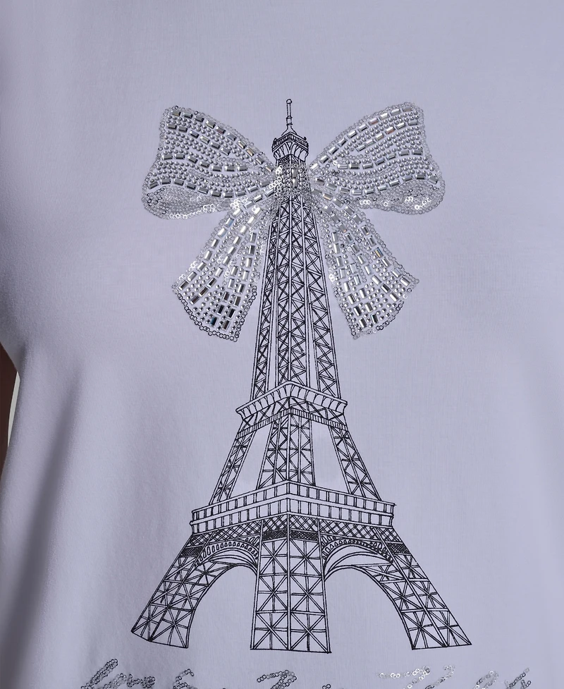 Karl Lagerfeld Paris Women's Crewneck Embellished Bow Eiffel Tower T-Shirt