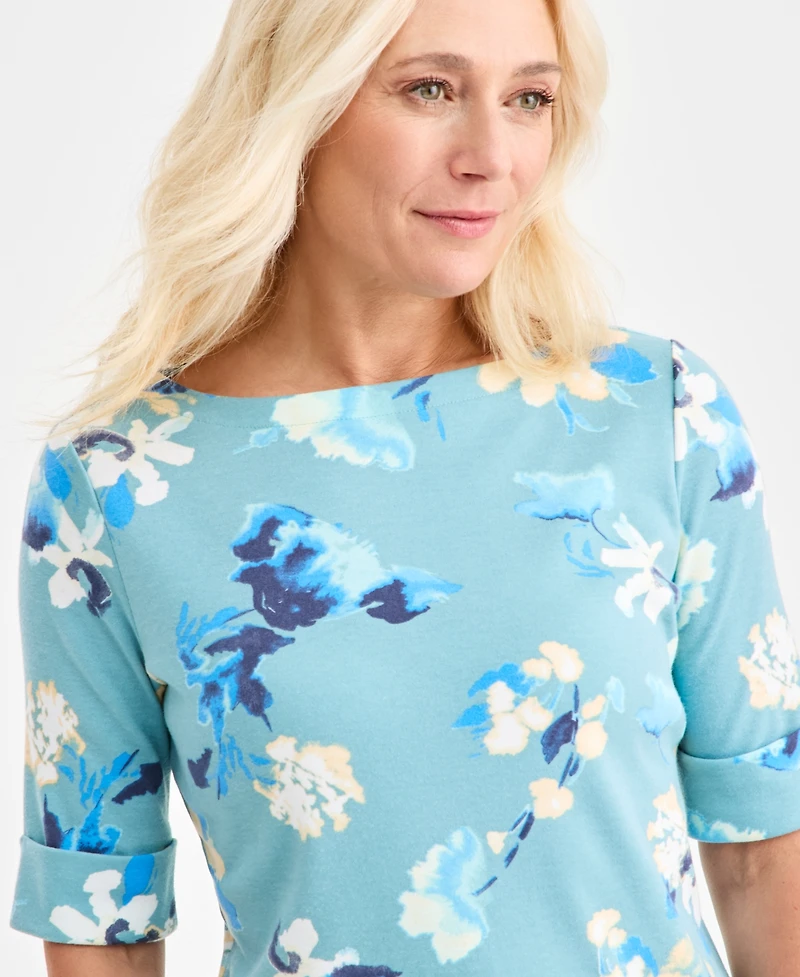 Style & Co Women's Printed Boat-Neck Elbow Sleeve Top, Exclusively at Macy's