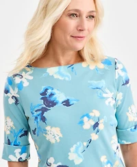 Style & Co Women's Printed Boat-Neck Elbow Sleeve Top, Exclusively at Macy's