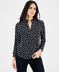 Ak Anne Klein Plus Size Dot-Print Ruffe-Neck Smocked-Cuff Top