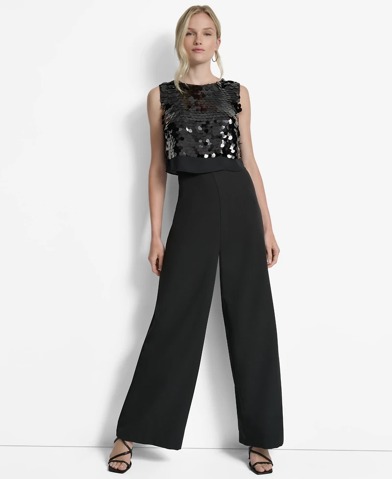 Dkny Women's Sleeveless Sequin Overlay Wide Leg Ankle Jumpsuit