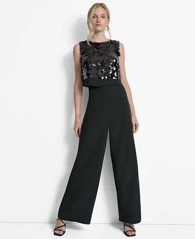 Dkny Women's Sleeveless Sequin Overlay Wide Leg Ankle Jumpsuit