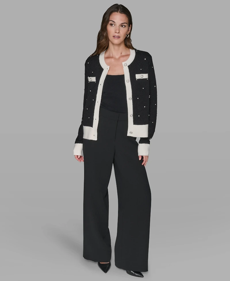 Karl Lagerfeld Paris Women's Crew Neck Front-Button Cardigan Sweater