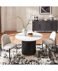 Morden Fort Modern 3-Piece Faux Marble Round Dining Table with Boucle Chairs in White Dining Room Set for Kitchen