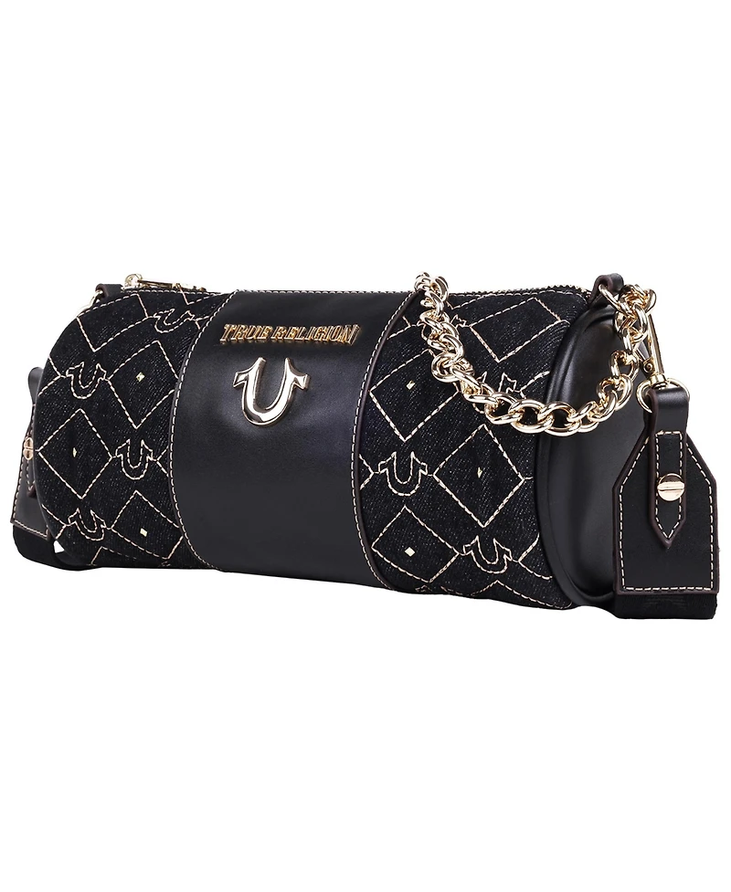 True Religion Studded Denim Zip Top Barrel Bag
