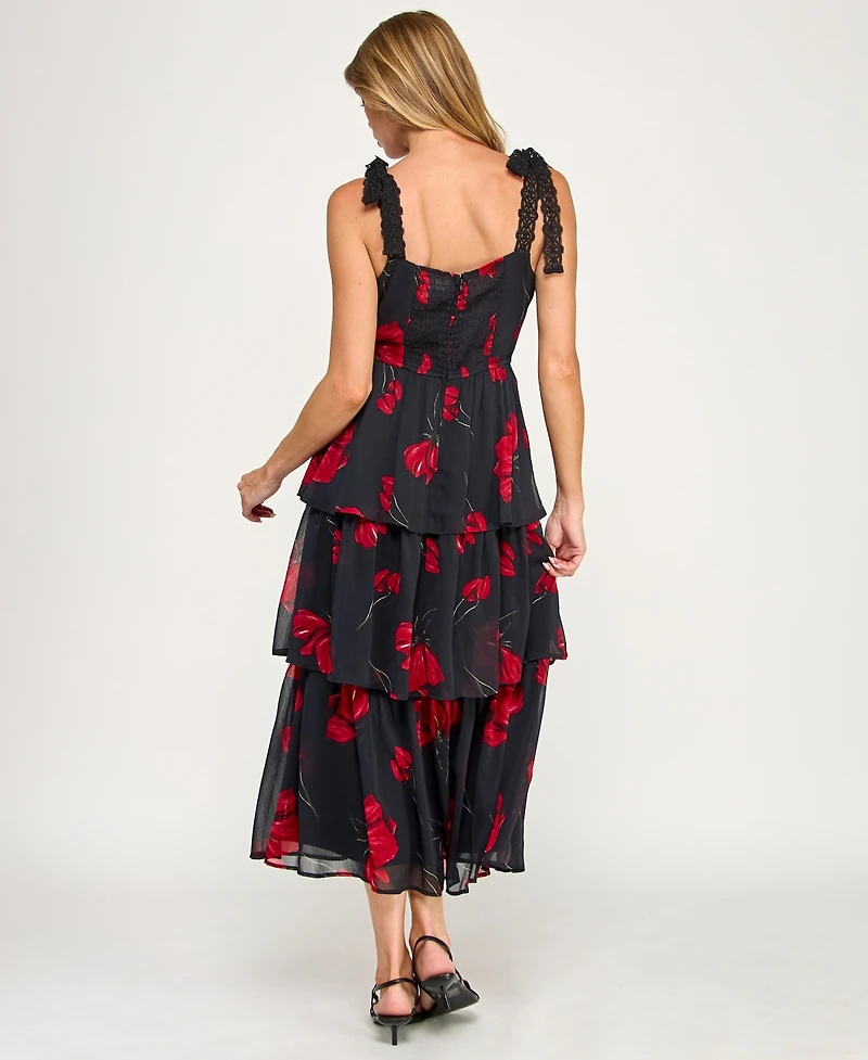 Row A Juniors' Sleeveless Tiered Floral Midi Dress