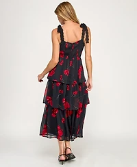 Row A Juniors' Sleeveless Tiered Floral Midi Dress