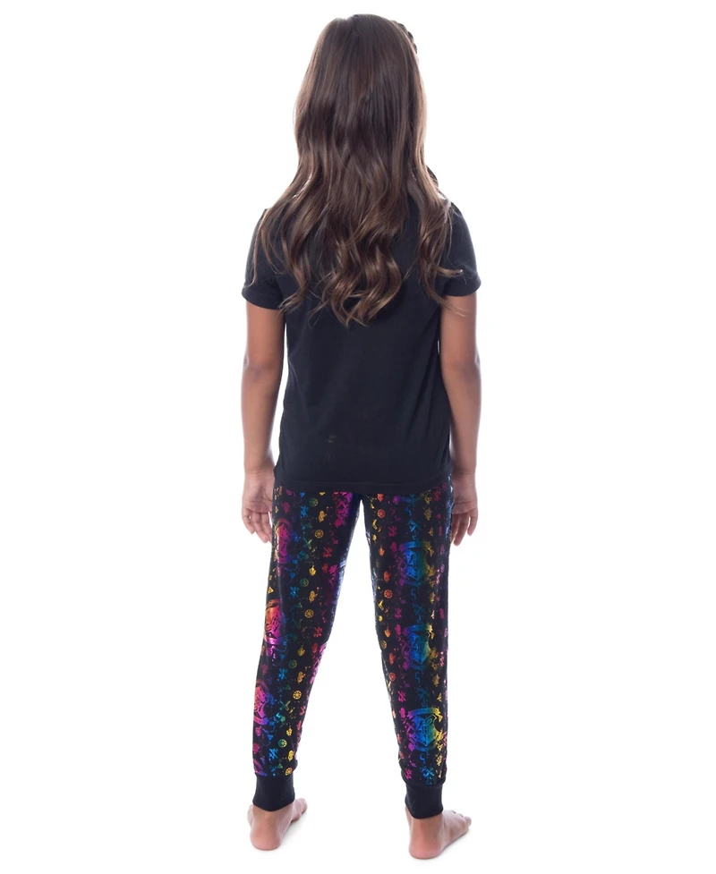 Harry Potter Girls Rainbow Foil Hogwarts Crest 2PC Lounge Pajama Jogger Pant Set Sleepwear