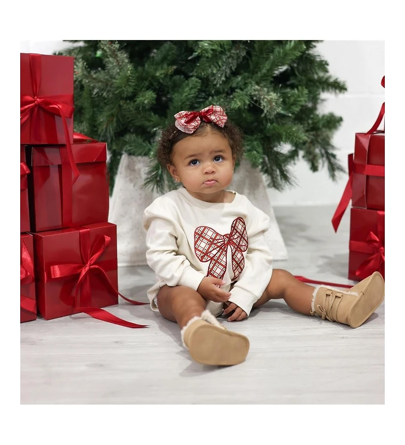 Sweet Wink Baby Girls Christmas Plaid Bow Patch Long Sleeve Romper