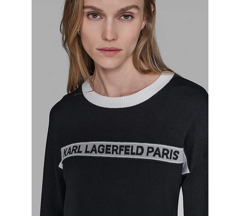 Karl Lagerfeld Paris Women's Crewneck Logo Striped Sweater