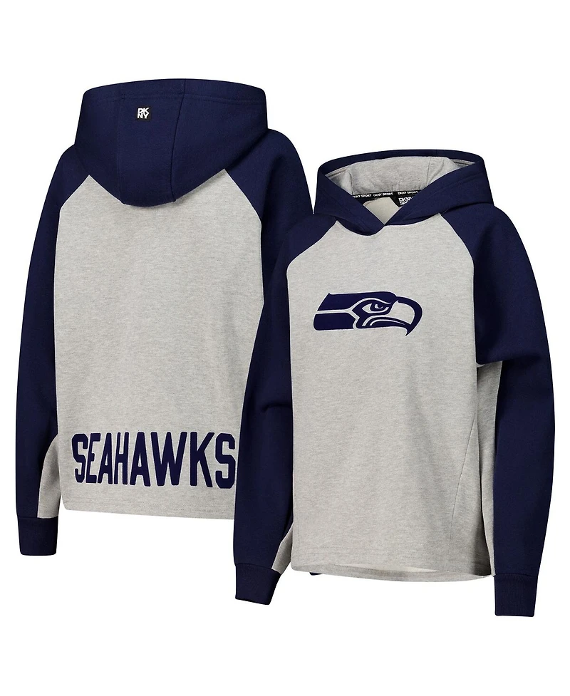 Dkny Women's Gray/College Navy Seattle Seahawks Joy Cropped Raglan Pullover Hoodie