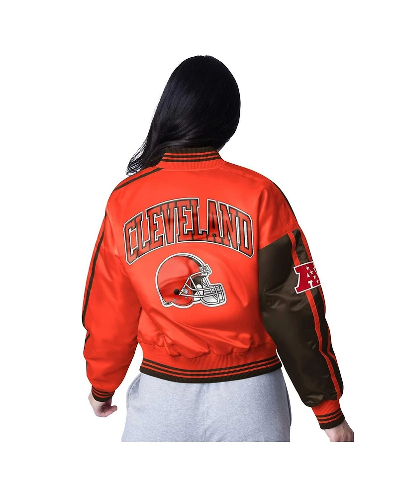 Starter Women's Brown/Orange Cleveland Browns Zone Blitz Cropped Full-Snap Satin Jacket