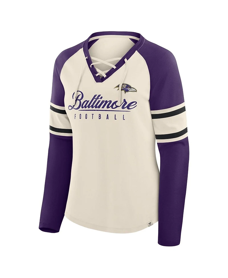Fanatics Women's Cream/Purple Baltimore Ravens Hometown Gridiron Hero Raglan Lace-Up V-Neck Long Sleeve T-Shirt