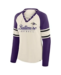 Fanatics Women's Cream/Purple Baltimore Ravens Hometown Gridiron Hero Raglan Lace-Up V-Neck Long Sleeve T-Shirt
