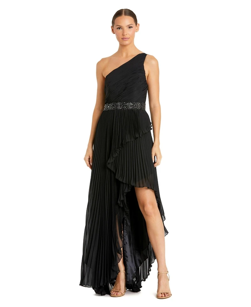 Mac Duggal Women's Embellished Gown with Strappy Open Back & Asymmetrical Ruffle Hem