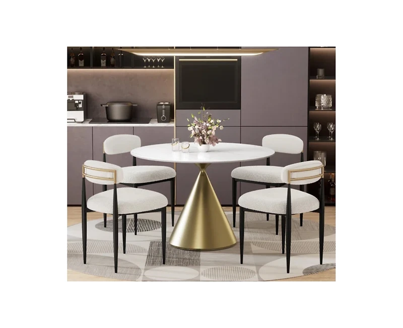 Morden Fort 5 Piece Round 47'' Faux Marble Dining Set Table with Beige Boucle Armless Chair