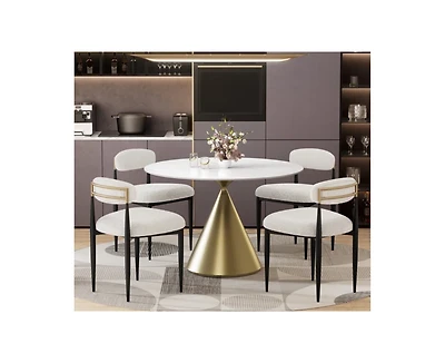 Morden Fort 5 Piece Round 47'' Faux Marble Dining Set Table with Beige Boucle Armless Chair