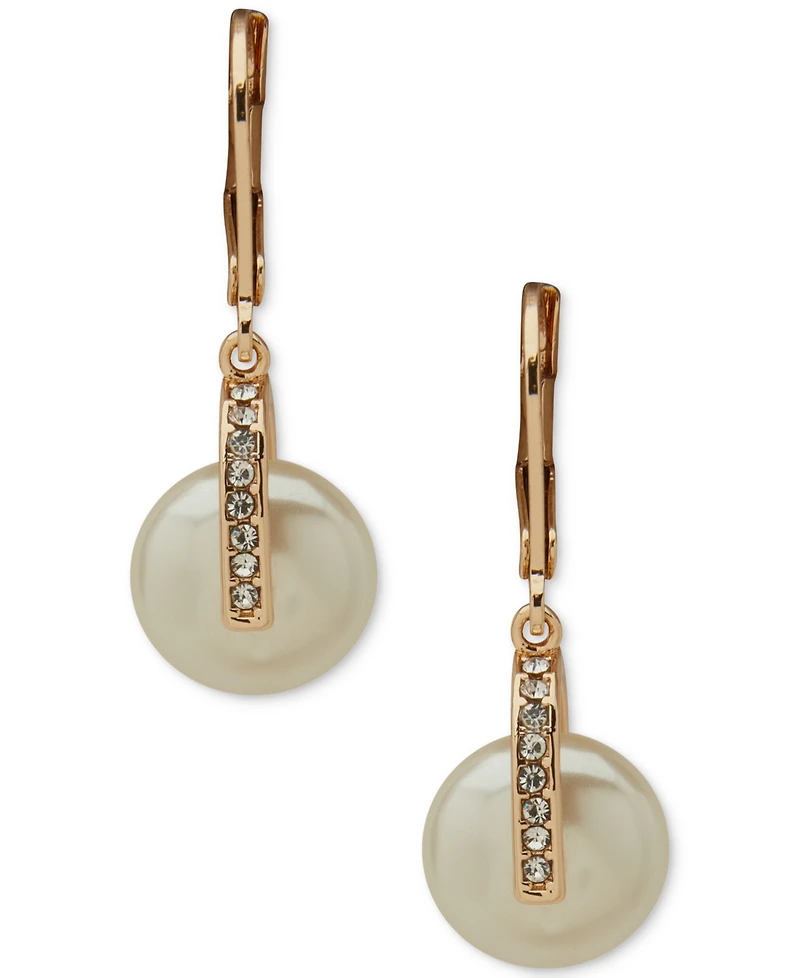 Anne Klein Imitation Pearl and Crystal Stone Gold-Tone Lentil Drop Earrings